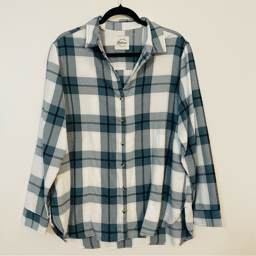 Jachs woman’s Teal and White Plaid Casual Shirt size L tunic button down pockets